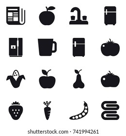 16 vector icon set : newspaper, water tap, fridge, cup, corn, apple, pear, tomato, strawberry, carrot, peas, stack of towels