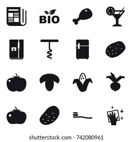 16 vector icon set : newspaper, bio, chicken leg, cocktail, fridge, corkscrew, mushroom, corn, beet, tomato, potato, tooth brush, wiping