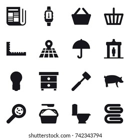 16 vector icon set : newspaper, smartwatch, basket, ruler, detector, bulb, nightstand, meat hammer, pig, viruses, washing powder, toilet, stack of towels