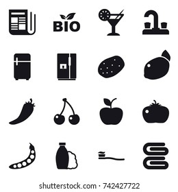 16 vector icon set : newspaper, bio, cocktail, water tap, fridge, hot pepper, cherry, apple, tomato, peas, shampoo, tooth brush, stack of towels