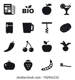 16 vector icon set : newspaper, bio, cocktail, fridge, cup, corkscrew, hot pepper, cherry, apple, beet, tomato, strawberry, peas, tooth brush