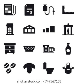 16 vector icon set : newspaper, account balance, ruler, building, greenhouse, detector, nightstand, colander, coffee seeds, mushroom, toilet, apron