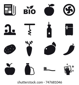 16 vector icon set : newspaper, bio, cooler fan, water tap, corkscrew, hot pepper, apple, shampoo, tooth brush, wiping