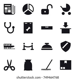 16 vector icon set : newspaper, diagram, unlock, baby stroller, level, train, vip fence, service bell, scissors, rake, package