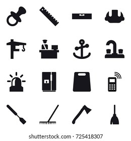 16 vector icon set : nipple, ruler, level, building helmet, tower crane, water tap, alarm, fridge, cutting board, spatula, rake, axe, broom