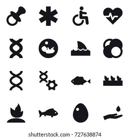 16 vector icon set : nipple, shark flipper, seedling, sprouting, fish, egg, hand and drop