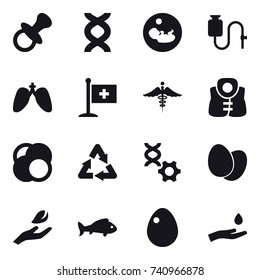 16 vector icon set : nipple, life vest, hand leaf, fish, egg, hand and drop