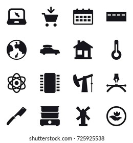 16 vector icon set : notebook, add to cart, calendar, bunker, earth, car baggage, home, thermometer, chef knife, windmill, ecology