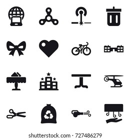 16 Vector Icon Set : Notebook Globe, Spinner, Laser, Bin, Bow, Heart, Bike, School, Restaurant, Hotel, Table, Scissors, Garbage Bag, Blower, Hand Dryer