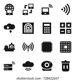 16 vector icon set : notebook globe, notebook connect, notebook wireless, wireless, cloude service, fingerprint, calculator, baggage checking, trash bin