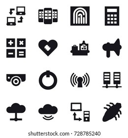 16 vector icon set : notebook connect, server, fingerprint, calculator, baggage checking, loudspeaker, surveillance camera, bug