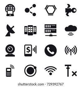16 vector icon set : notebook globe, molecule, hex molecule, satellite, satellite antenna, server, cloud wireless, web cam, mobile pay, phone, wireless