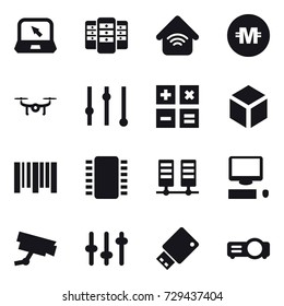 16 vector icon set : notebook, server, wireless home, crypto currency, drone, equalizer, calculator, 3d