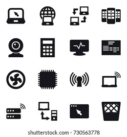 16 vector icon set : notebook, notebook globe, notebook connect, server, web cam, calculator, cooler fan, trash bin