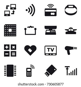 16 vector icon set : notebook connect, wireless, tap to pay, smart bracelet, cpu, electrostatic, market scales, scales, calculator, tv, hair dryer