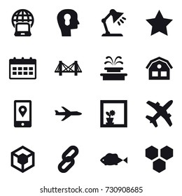 16 vector icon set : notebook globe, bulb head, table lamp, star, calendar, bridge, fountain, house, plane, flower in window, honeycombs
