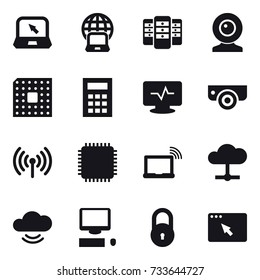 16 vector icon set : notebook, notebook globe, server, web cam, cpu, calculator, surveillance camera, wireless