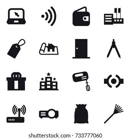 16 vector icon set : notebook, wireless, wallet, store, label, project, door, drawing compass, hotel, mixer, rake