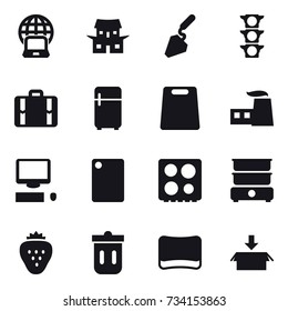 16 vector icon set : notebook globe, japanese house, construction, suitcase, fridge, cutting board, strawberry, trash bin, sponge, package