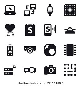16 vector icon set : notebook, notebook connect, smartwatch, cpu, cardio chip, receipt, mobile pay, scales, remote control, surveillance camera