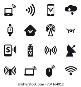 16 vector icon set : notebook wireless, wireless, phone wireless, cloude service, smartwatch, wireless home, antenna, drone, mobile pay, remote control, satellite antenna