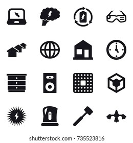 16 vector icon set : notebook, brain, battery charge, smart glasses, houses, globe, home, watch, chest of drawers, speaker, kettle, meat hammer, hard reach place cleaning