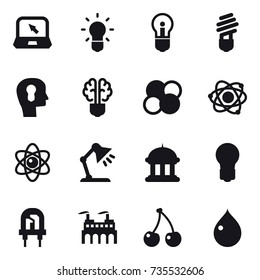 16 vector icon set : notebook, bulb, bulb head, bulb brain, atom core, atom, table lamp, goverment house, cherry, drop