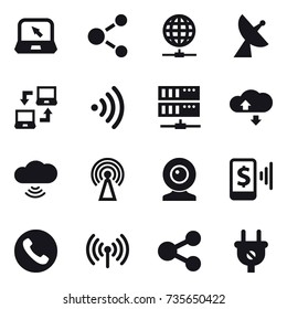 16 vector icon set : notebook, molecule, globe connect, satellite antenna, notebook connect, wireless, server, cloude service, cloud wireless, antenna, web cam, mobile pay, phone