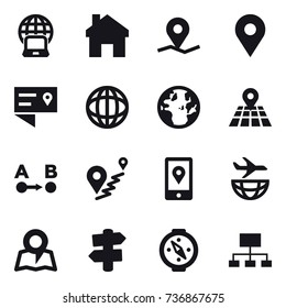 16 vector icon set : notebook globe, home, map, signpost, compass, hierarchy