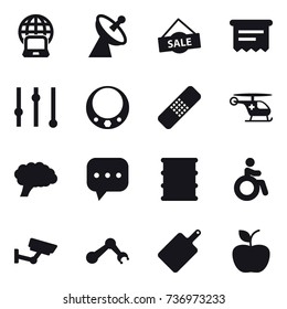 16 vector icon set : notebook globe, satellite antenna, sale, atm receipt, equalizer, necklace, invalid, surveillance, cutting board, apple