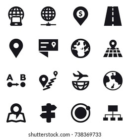 16 vector icon set : notebook globe, globe connect, dollar pin, earth, map, signpost, hierarchy