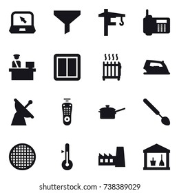 16 vector icon set : notebook, funnel, tower crane, power switch, radiator, iron, saute pan, big spoon, thermometer, factory, utility room