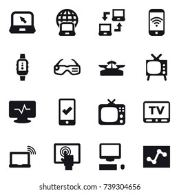 16 vector icon set : notebook, notebook globe, notebook connect, phone wireless, smartwatch, smart glasses, scales, tv, mobile checking
