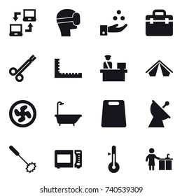 16 vector icon set : notebook connect, virtual mask, chamical industry, ruler, tent, cooler fan, bath, cutting board, satellite antenna, whisk, thermometer, kitchen cleaning