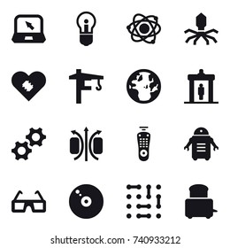 16 vector icon set : notebook, bulb, atom, virus, tower crane, detector