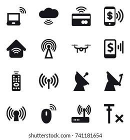 16 vector icon set : notebook wireless, cloud wireless, tap to pay, phone pay, wireless home, antenna, drone, mobile pay, remote control, wireless, satellite antenna
