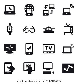 16 vector icon set : notebook, notebook globe, notebook connect, notebook wireless, smartwatch, smart glasses, scales, tv, mobile checking
