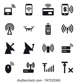 16 vector icon set : notebook wireless, phone wireless, tap to pay, phone pay, antenna, drone, remote control, wireless