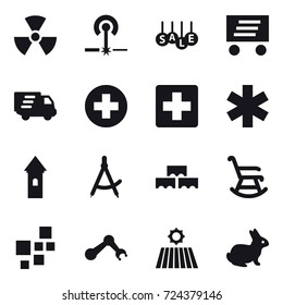 16 vector icon set : nuclear, laser, sale, delivery, tower, draw compass, block wall, rocking chair, field, rabbit