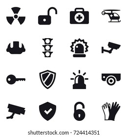 16 vector icon set : nuclear, unlock, building helmet, surveillance, key, shield, alarm, surveillance camera, gloves