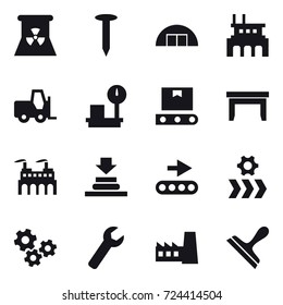 16 vector icon set : nuclear power, nail, hangare, factory, table, gears, wrench, scraper