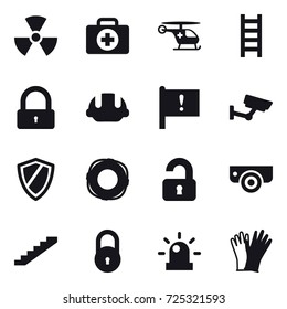 16 vector icon set : nuclear, stairs, lock, building helmet, surveillance, shield, lifebuoy, unlocked, surveillance camera, gloves