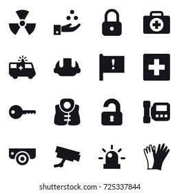 16 vector icon set : nuclear, chamical industry, lock, building helmet, first aid, key, life vest, unlocked, intercome, surveillance camera, gloves