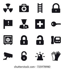 16 vector icon set : nuclear, stairs, lock, first aid, key, safe, locked, unlocked, intercome, gloves
