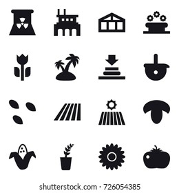 16 vector icon set : nuclear power, factory, greenhouse, flower bed, island, seeds, field, mushroom, corn, seedling, flower, tomato