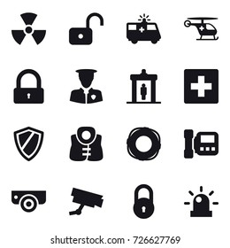 16 vector icon set : nuclear, unlock, lock, detector, first aid, shield, life vest, lifebuoy, intercome, surveillance camera