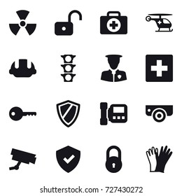 16 vector icon set : nuclear, unlock, building helmet, first aid, key, shield, intercome, surveillance camera, gloves