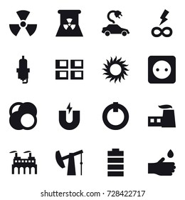 16 vector icon set : nuclear, nuclear power, electric car, infinity power, spark plug, panel house, sun, power socket, hand drop