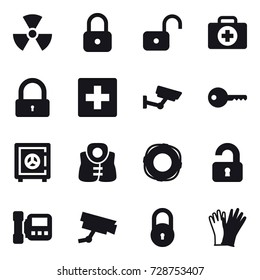 16 vector icon set : nuclear, lock, unlock, first aid, surveillance, key, safe, life vest, lifebuoy, unlocked, intercome, gloves