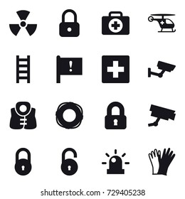 16 vector icon set : nuclear, lock, stairs, first aid, surveillance, life vest, lifebuoy, locked, gloves